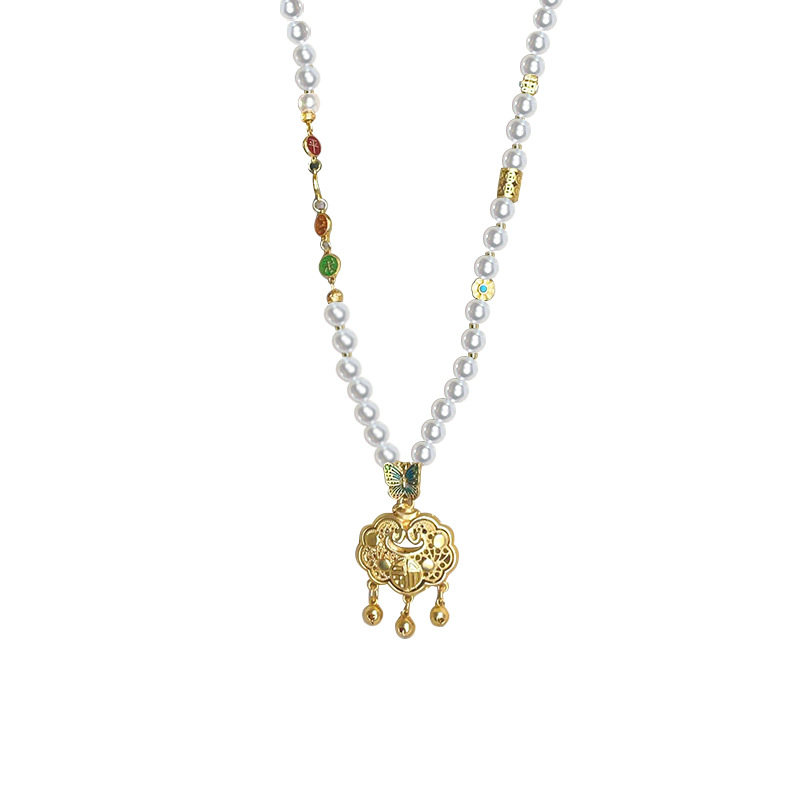 "Thousand Miles of Rivers and Mountains ~ Ruyi Lock Pearl Beaded Long Necklace, a new Chinese-style light luxury and niche accessory for women. Item Picture