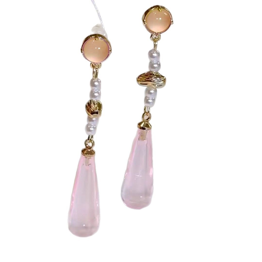 Pink Dai ~ Retro new Chinese-style pink teardrop stud earrings, a light luxury and high-end look, elegant and grand earrings, women's Chinese-style earrings Item Picture