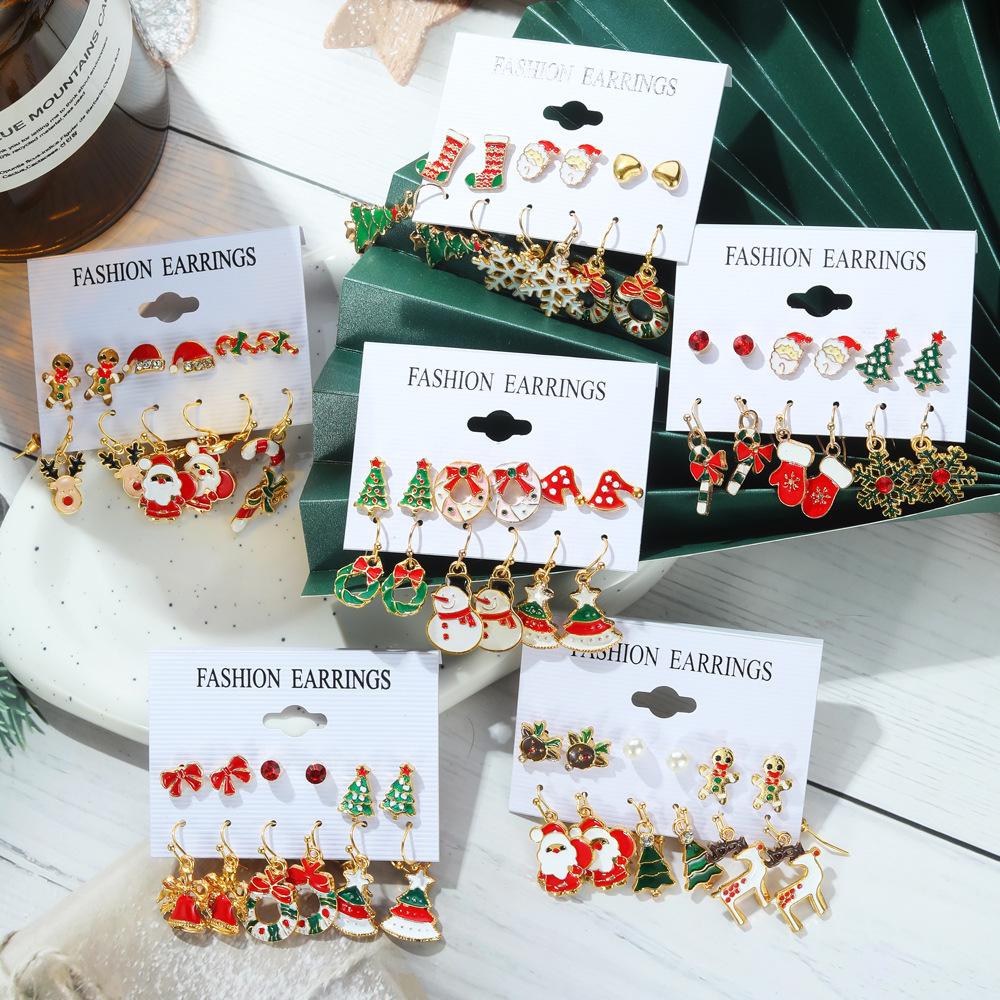 Christmas Series Snowflake bell stud Set, a popular export product. Cartoon oil-dripping elk old man earrings for women Specification drawing