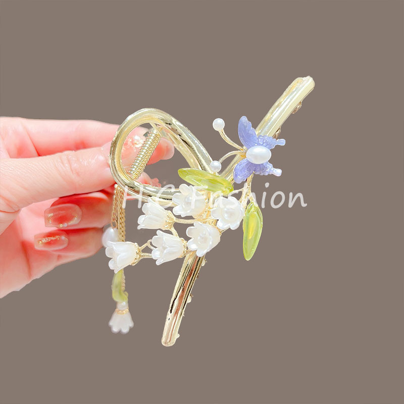 Butterfly bell orchid tassel grab clip, high-end and elegant female summer style grab clip, shark clip at the back of the head, sweet and elegant hair clip Specification drawing
