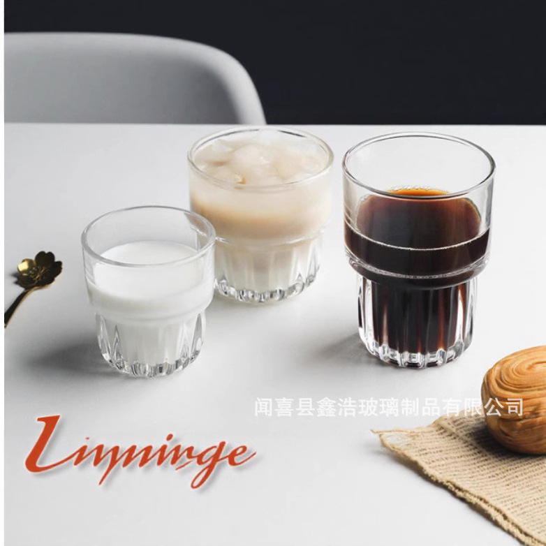 Transparent glass coffee cup, the same style as Xiaohongshu's InS-style foreign wine and beverage cup, vertical pattern household stackable water cup full figure