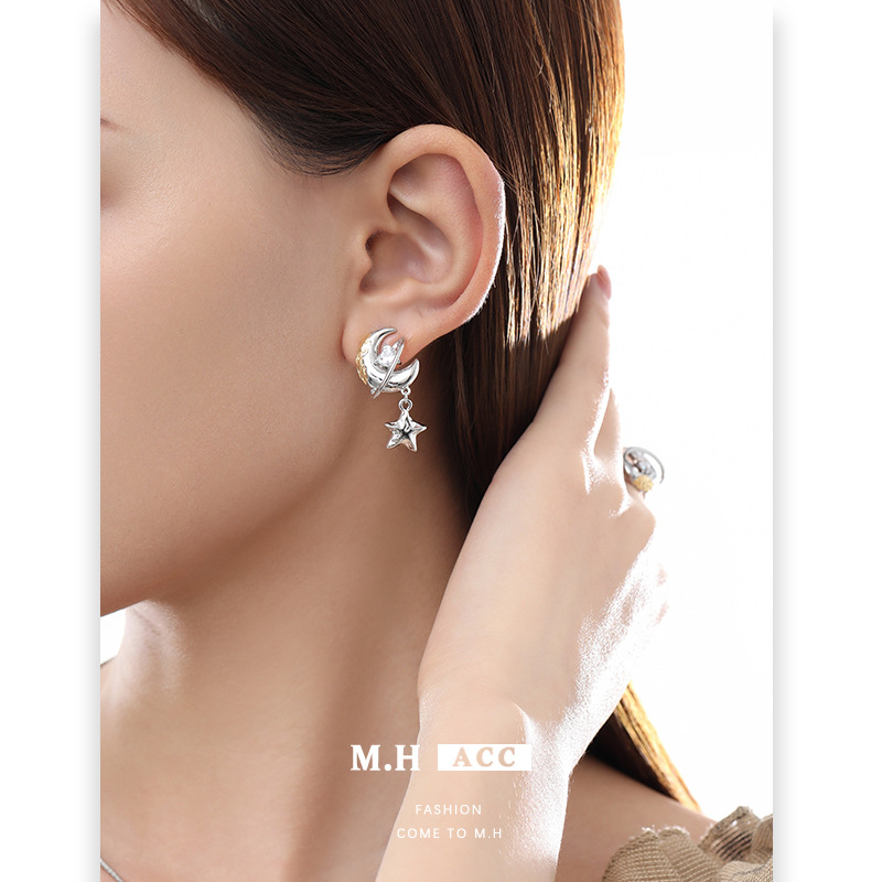 Original fashionable and versatile golden moon earrings 925, high-end silver needle stud earrings, cold style exquisite earrings wholesale Specification drawing
