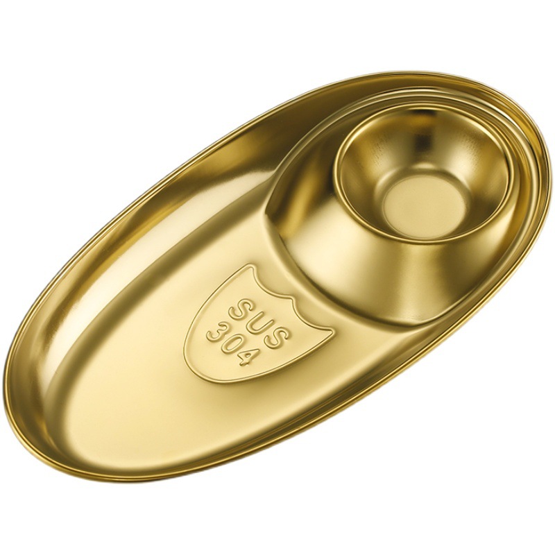 304 stainless steel outdoor oval-shaped snack plate, divided Korean-style sauce plate, French fries and pastries, egg-shaped mother-and-child plate Item Picture