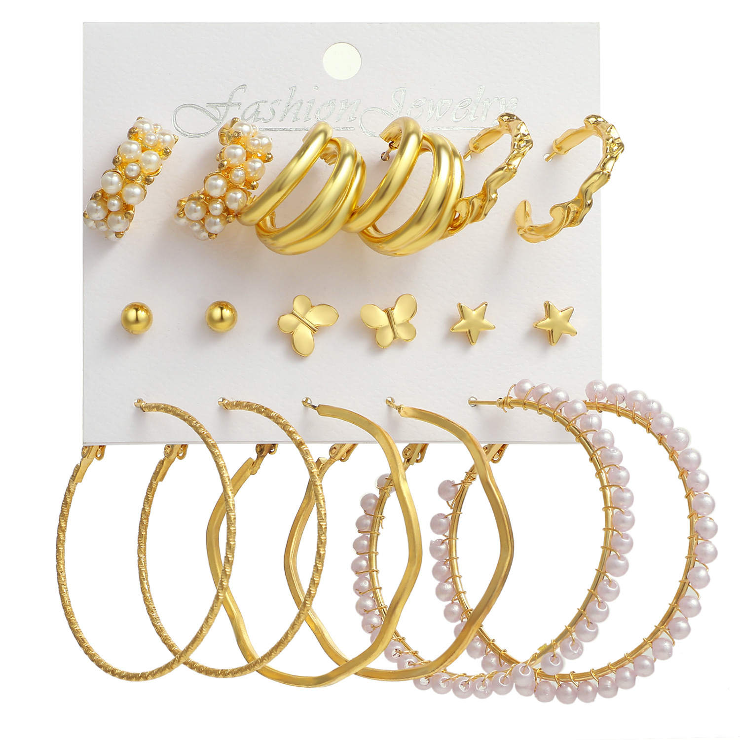 A new retro diamond-encrusted pearl women's stud earring set of 9 pieces, featuring cross-border golden geometric earrings from Europe and America Item Picture