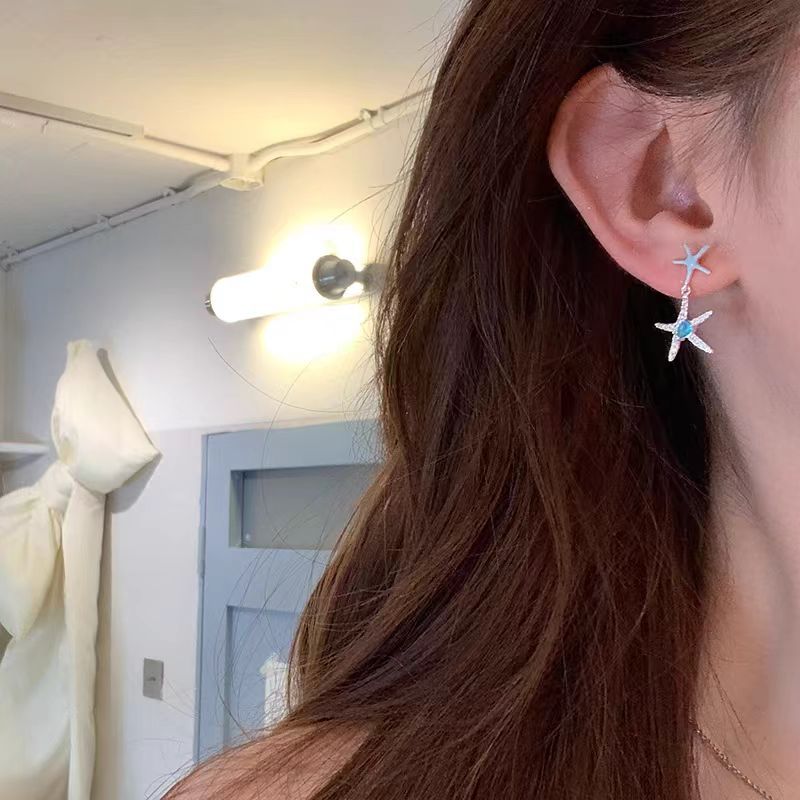Ocean Heart ~ Blue Zircon Starfish tassel Earrings, a unique and high-end design for women details Picture