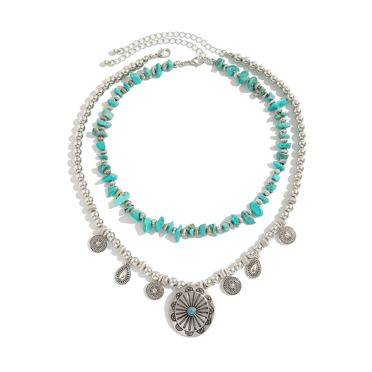 European and American cross-border jewelry, ethnic-style metal pattern round piece necklace, retro turquoise CCB beaded collarbone chain for women Item Picture