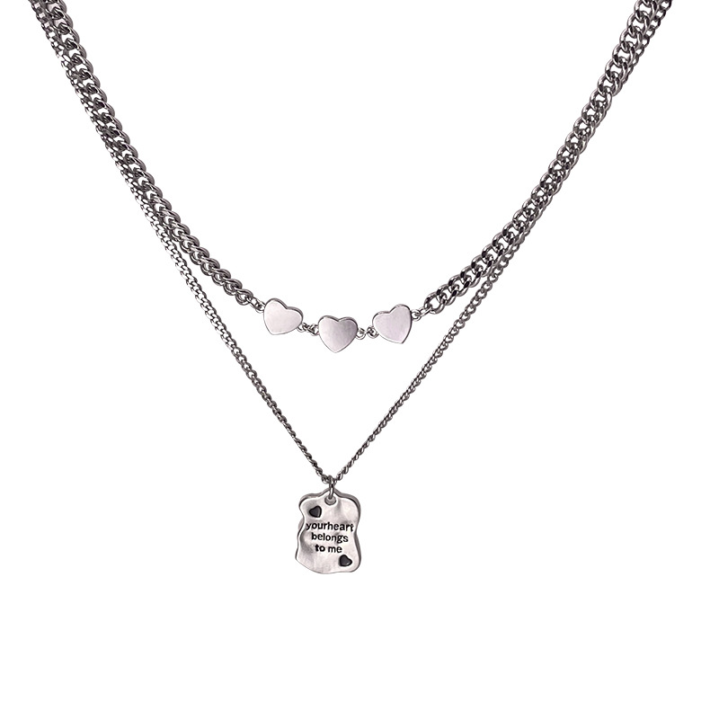 Silver double-layer heart-shaped nameplate necklace for women, 2023 new style, niche and elegant sweater chain, ins cold style accessory Item Picture