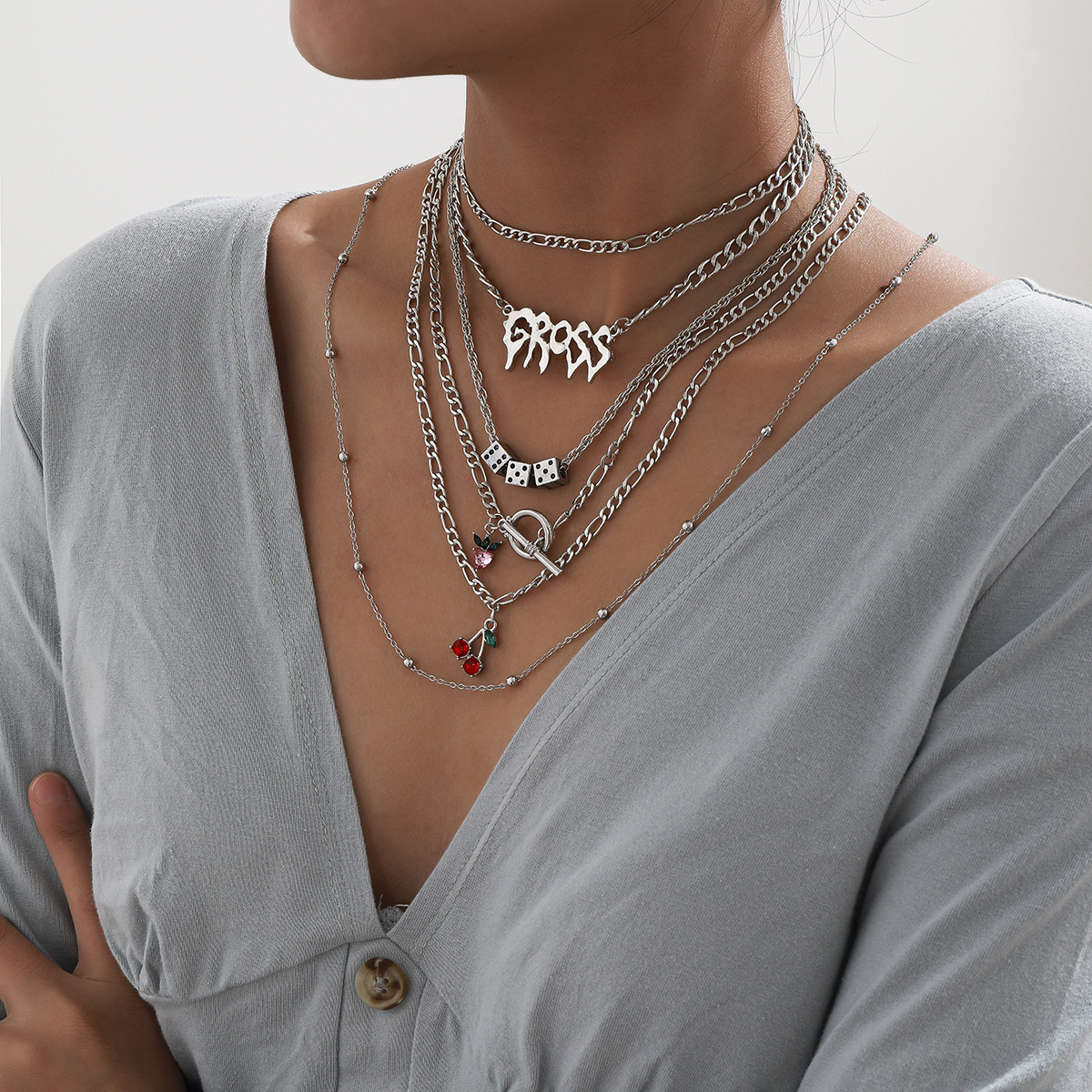 European and American cross-border jewelry, multi-element and multi-layer dice necklace, exaggerated letter cherry necklace set for women details Picture