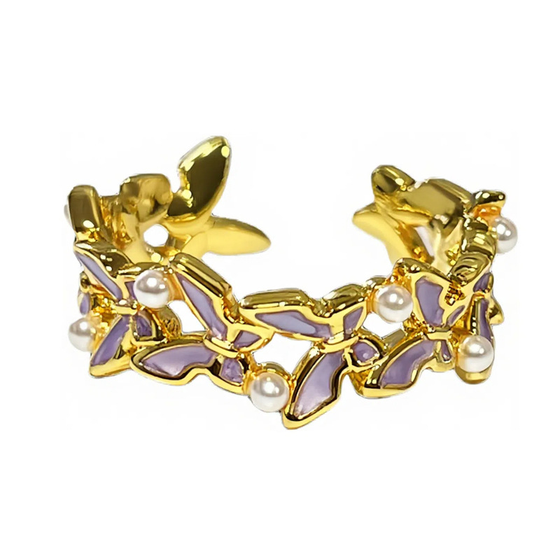 French retro golden butterfly dreamy purple flower open ring, a delicate, sweet, cool and high-end niche index finger ring for women Item Picture