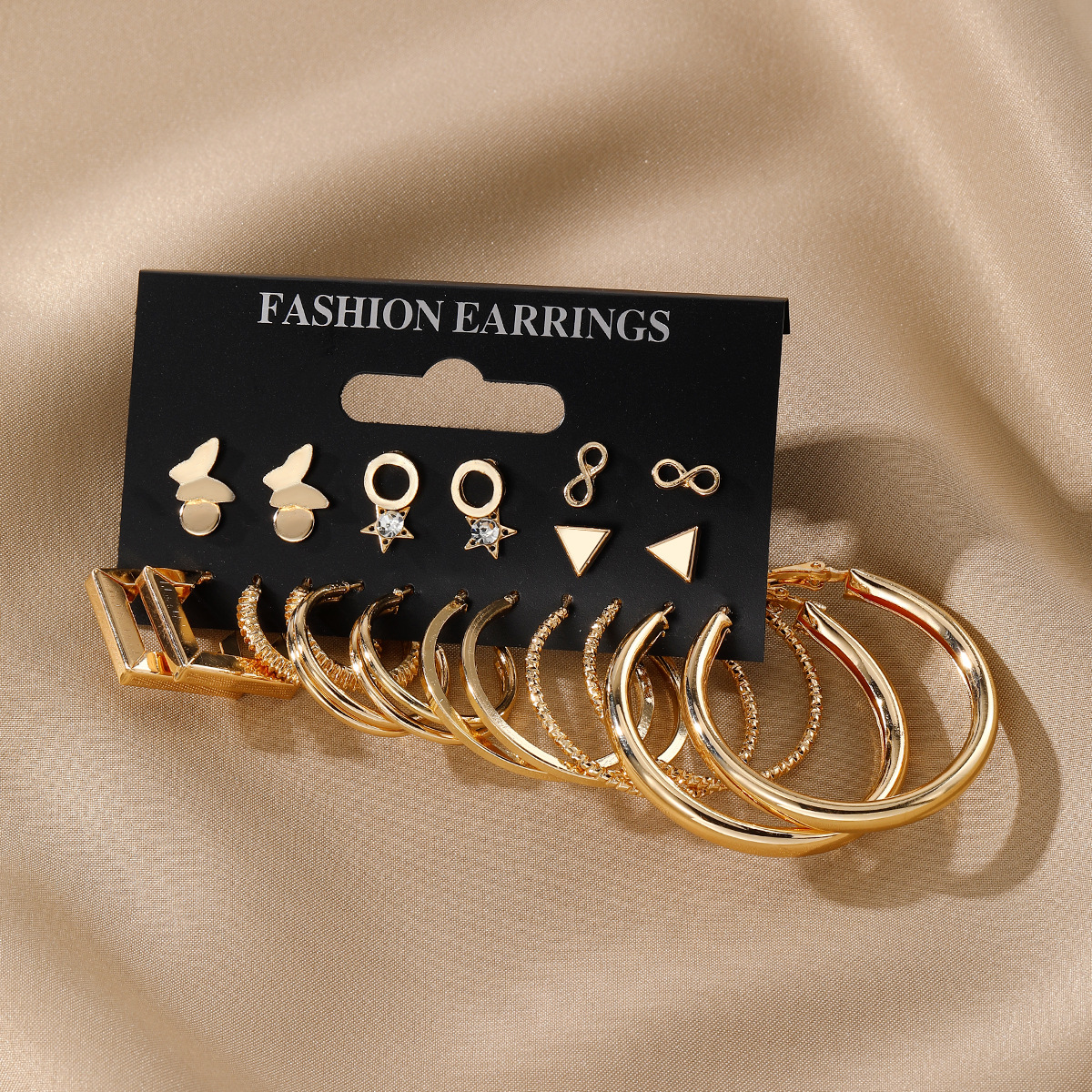New cross-border alloy butterfly set earrings, fashionable and individual 8-shaped star butterfly circle earrings, 12-piece gold set Specification drawing
