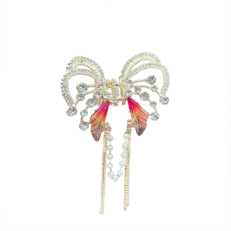 Diamond-encrusted butterfly pearl tassel claw clip, fashionable and versatile, semi-tied hair clip, super fairy-like shark clip accessory for women Item Picture