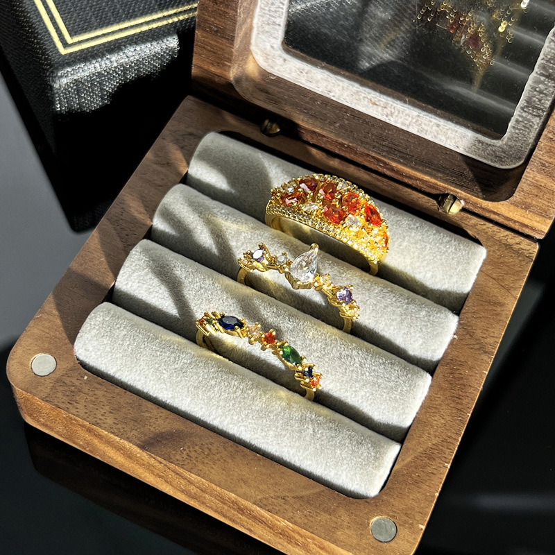 Forest-themed, fresh and light luxury water-drop colored diamond open-mouth ring, a niche and cold style for women, a sweet and cool Hong Kong style ring trend full figure