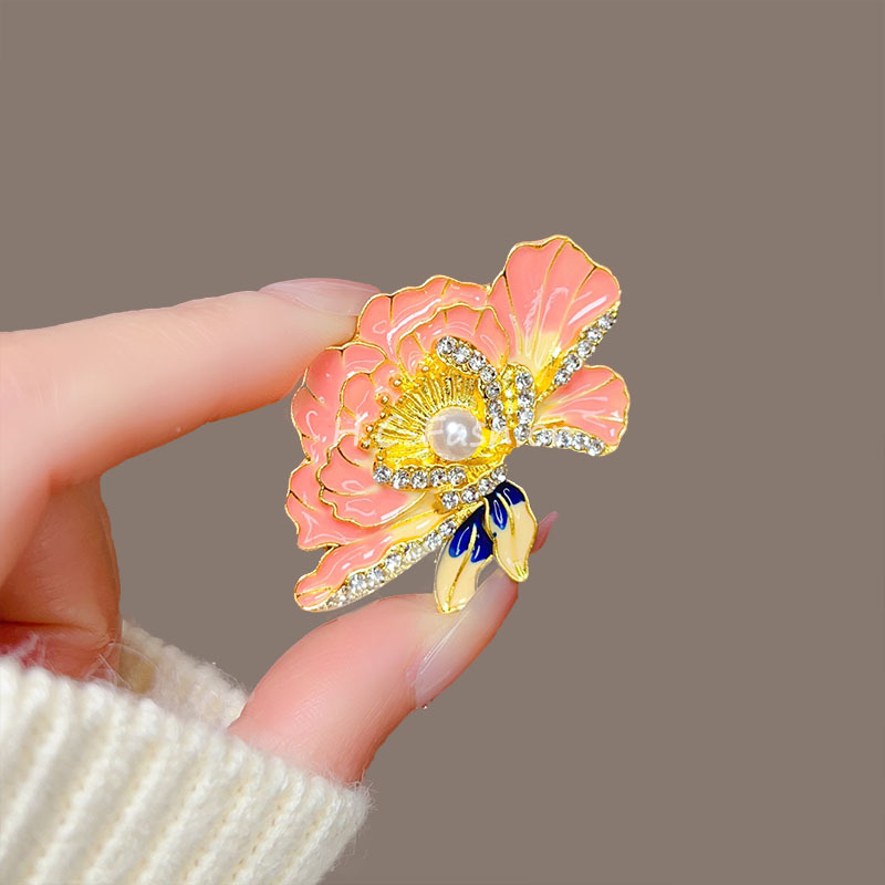 New Chinese-style peony flower brooch, high-end women's brooch pin, enamel high-end suit accessory pin, overcoat decoration Specification drawing