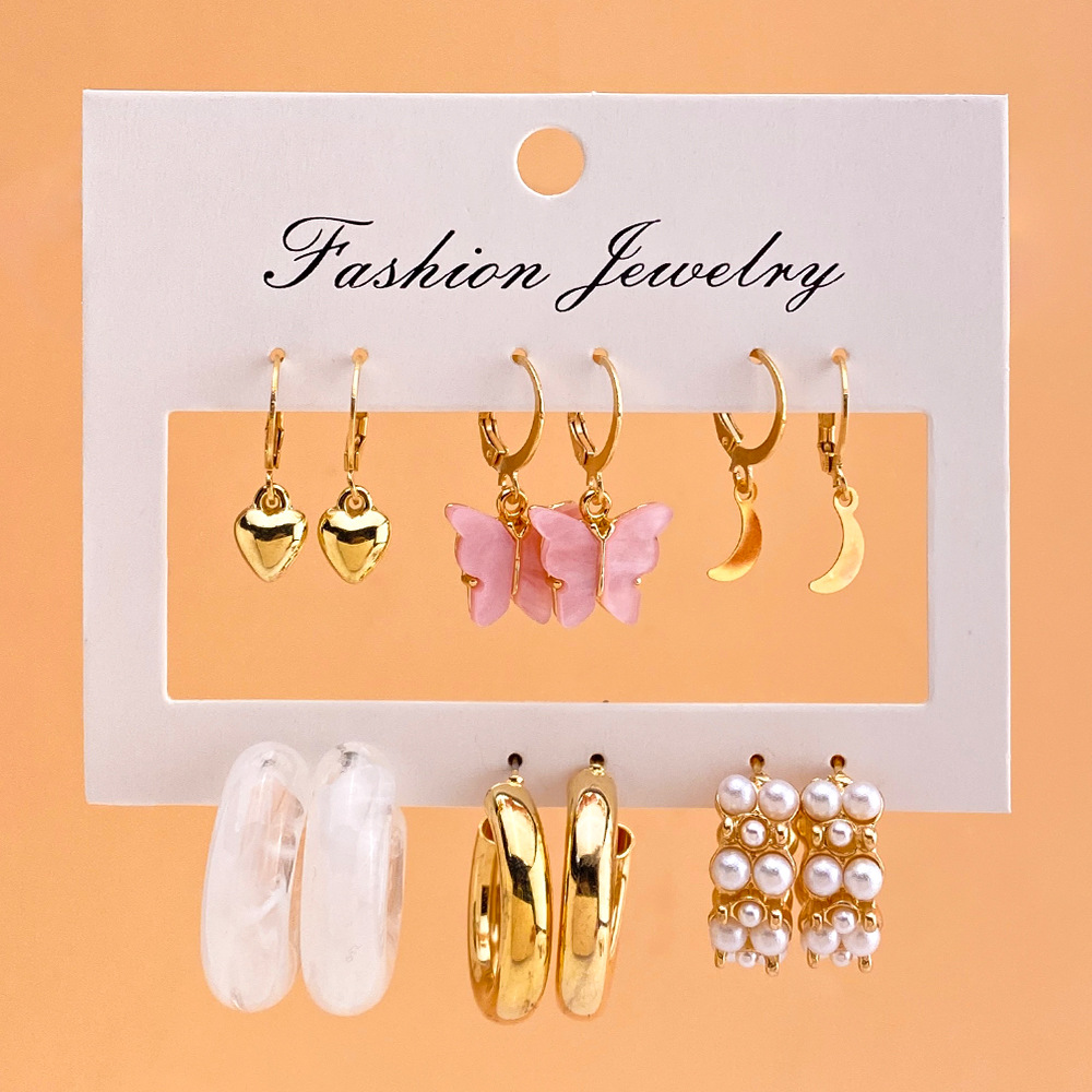 Korean jewelry World Cross-border Ear Ring Retro Pearl Earring Set 6-piece acrylic butterfly pendant earrings HZS2386 details Picture