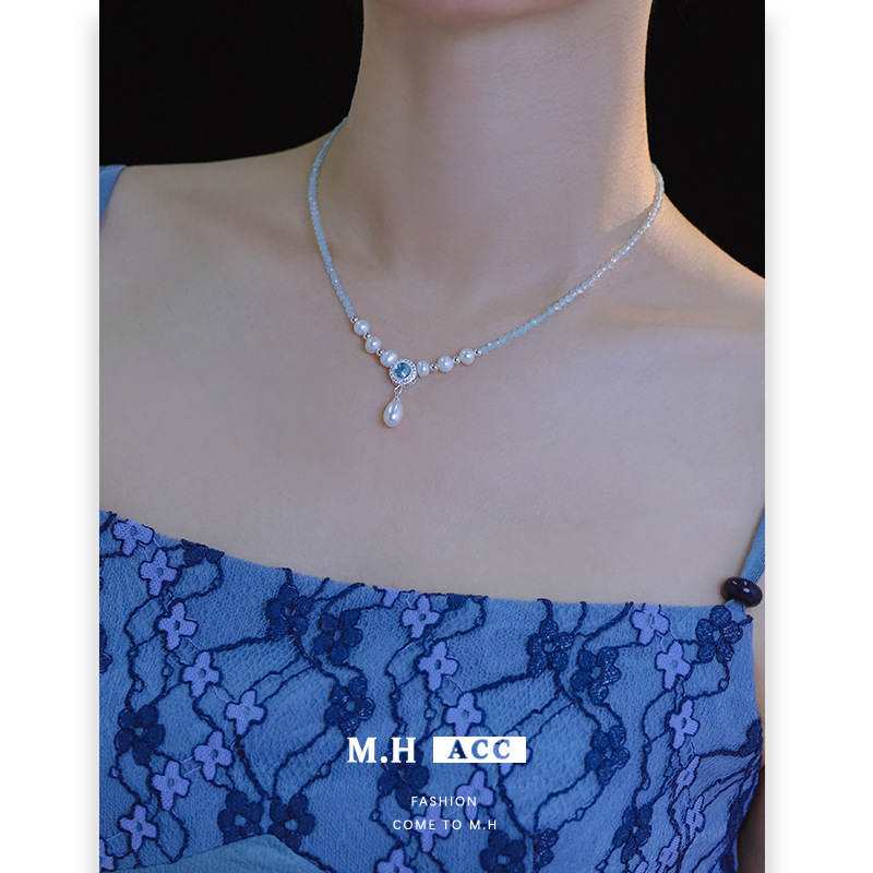 French light luxury retro blue freshwater pearl necklace, women's light luxury simple and fresh, versatile pearl pendant collarbone chain details Picture