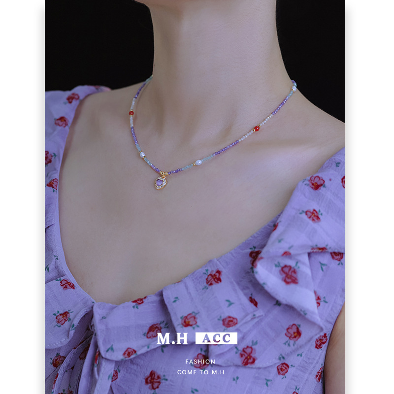 Selected 2025 new amethyst zircon heart-shaped beaded necklace for women, elegant, light luxury, versatile and retro collarbone chain Specification drawing