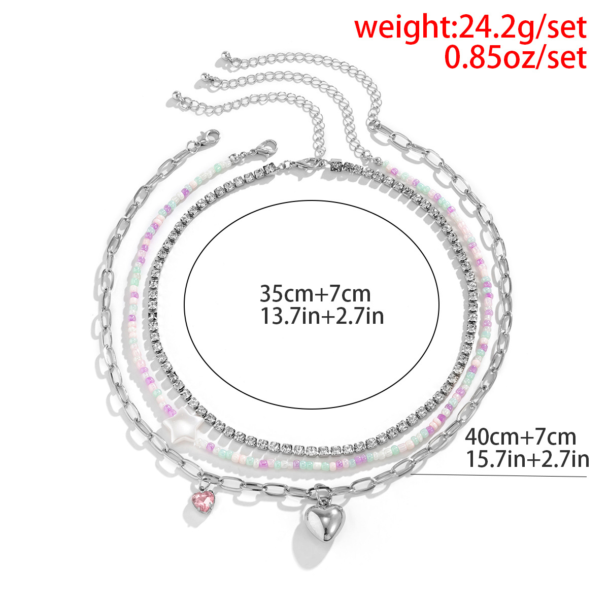 A sweet and cool mixed and matched European and American cross-border jewelry necklace with contrasting colors of rice beads and stars, a retro and versatile heart-shaped water diamond necklace Item Picture