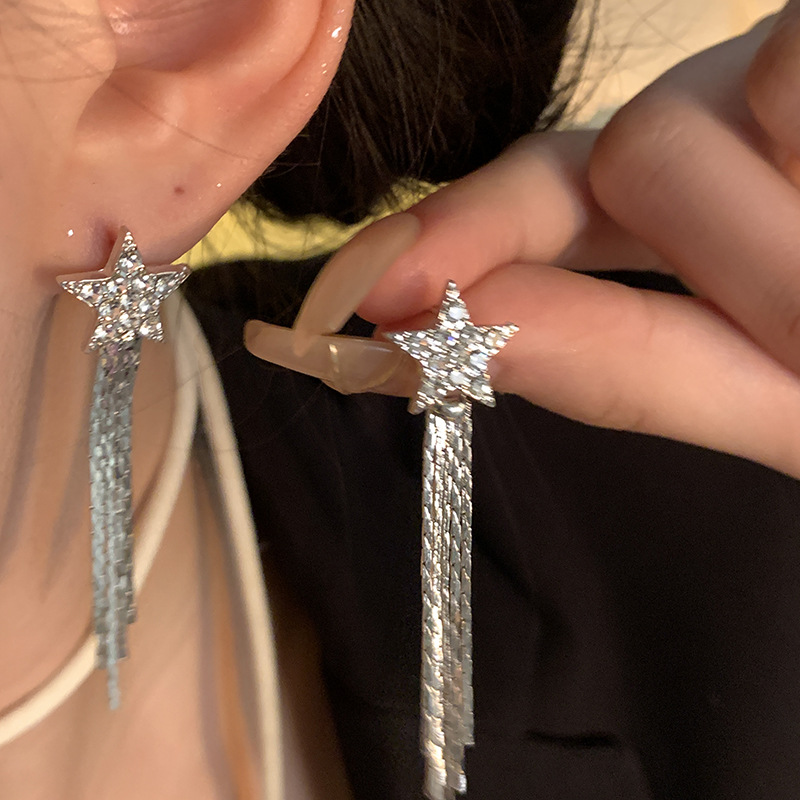 Five-pointed star tassel earrings for women, exquisite micro-inlaid zircon long stud earrings, versatile and high-end best-selling earrings wholesale details Picture