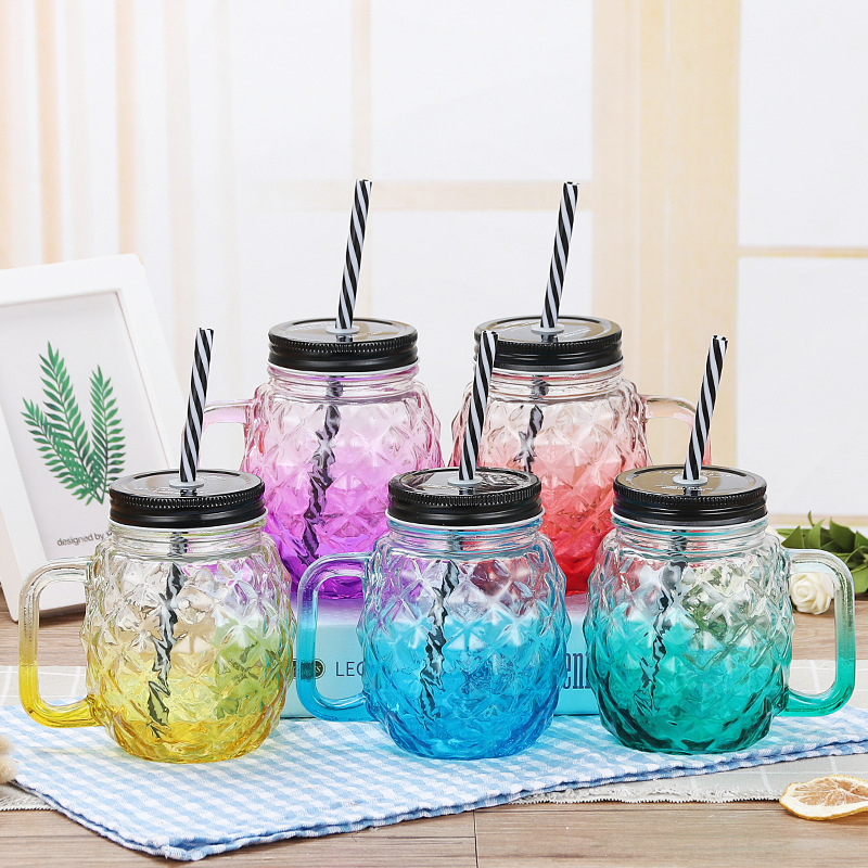 Manufacturer's creative Mason cup, gradient glass cup, beverage pineapple water cup, lid, straw, handle cup full figure