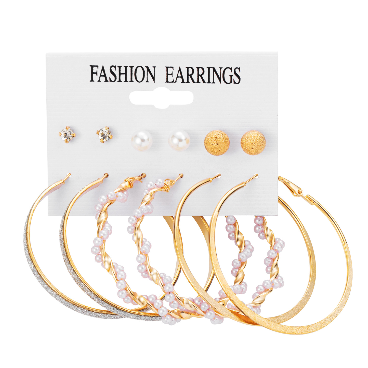 A new 6-piece set of retro geometric pearl earrings in the Korean jewelry world, featuring exaggerated large hoop earrings from Europe and America, HZS2193 Item Picture