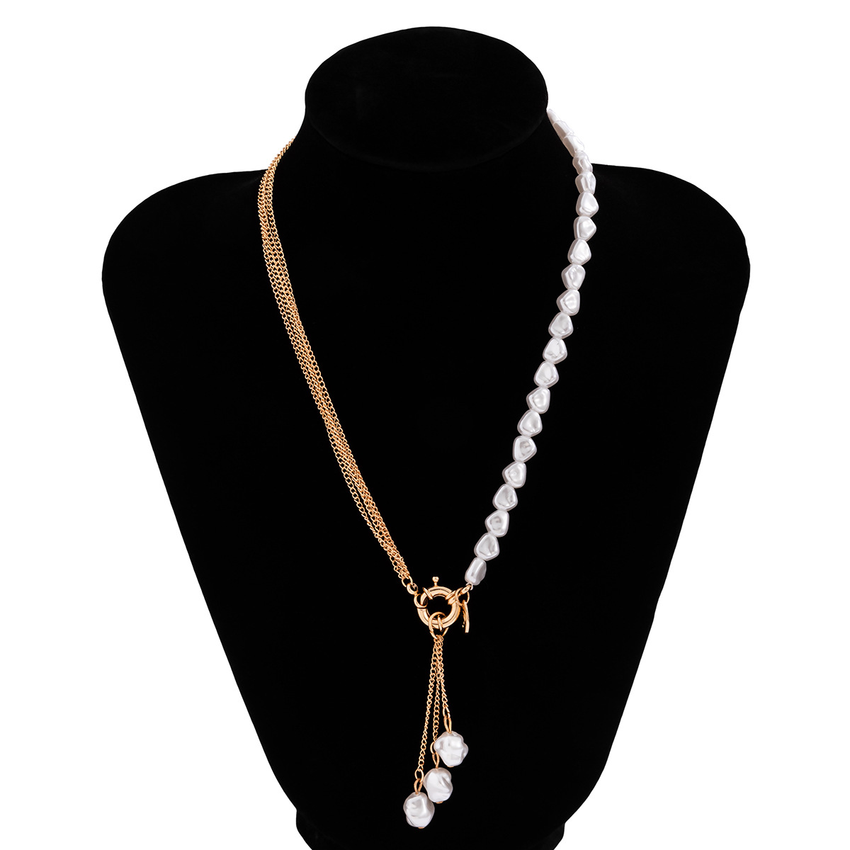 Asymmetrical, irregularity pearl tassel necklace mixed with punk fine chain necklace, cross-border European and American jewelry Item Picture