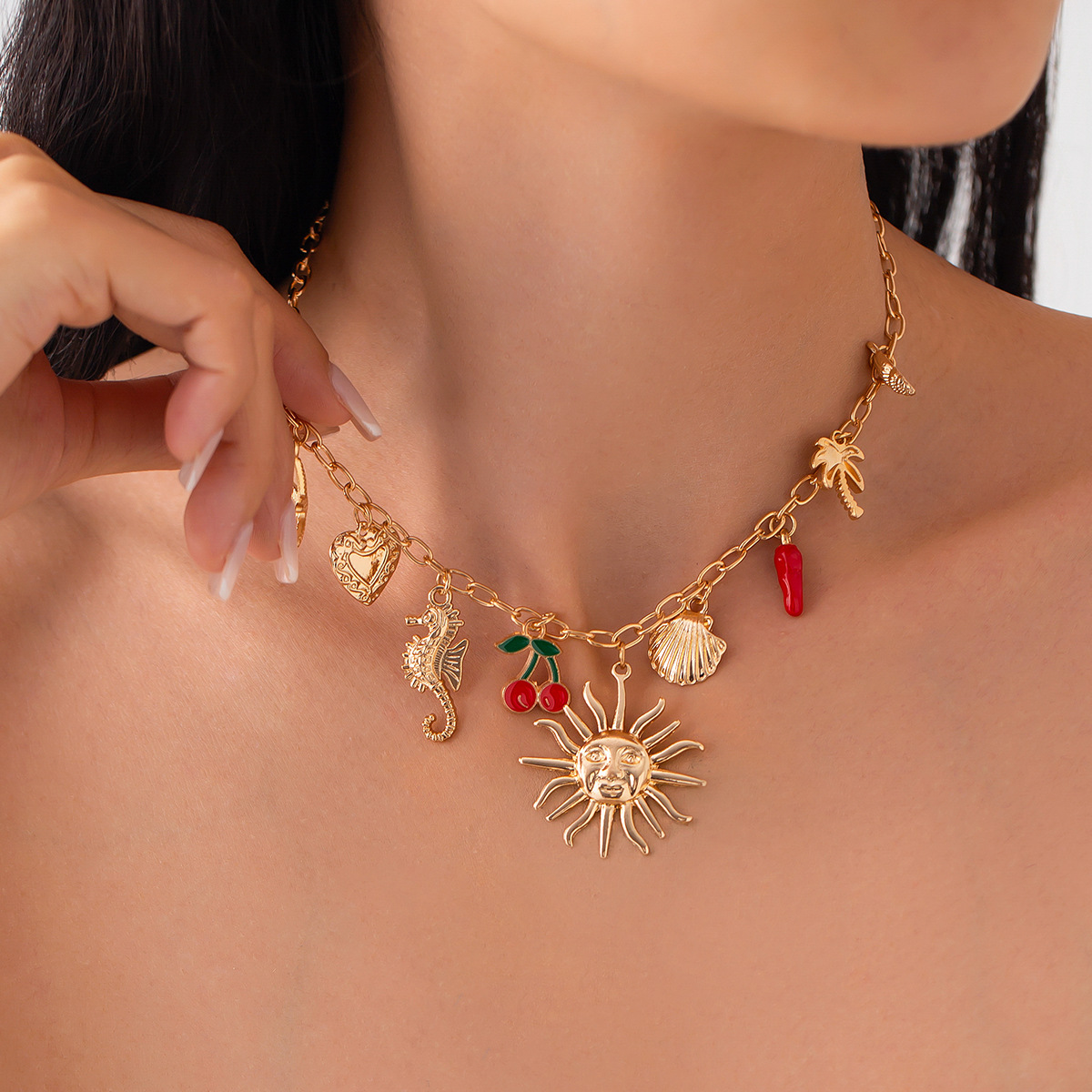 European and American cross-border jewelry, vacation cherry and chili oil drip pendant necklace, retro ocean style alloy collarbone chain Specification drawing