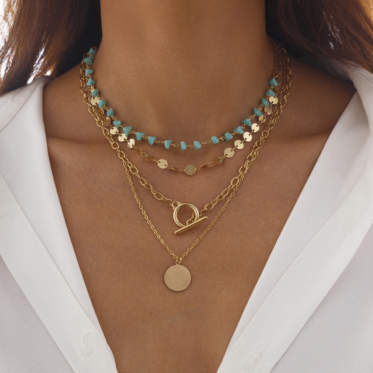 European and American cross-border jewelry, InS-style sequined alloy OT buckle necklace, punk multi-layer crystal flower sequined collarbone chain full figure