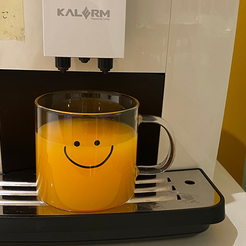 Mangpuzi ins smiley Face handle Glass Cup Cartoon High-temperature Resistant Simple Milk Cup Breakfast Fruit Cup 500ml Specification drawing