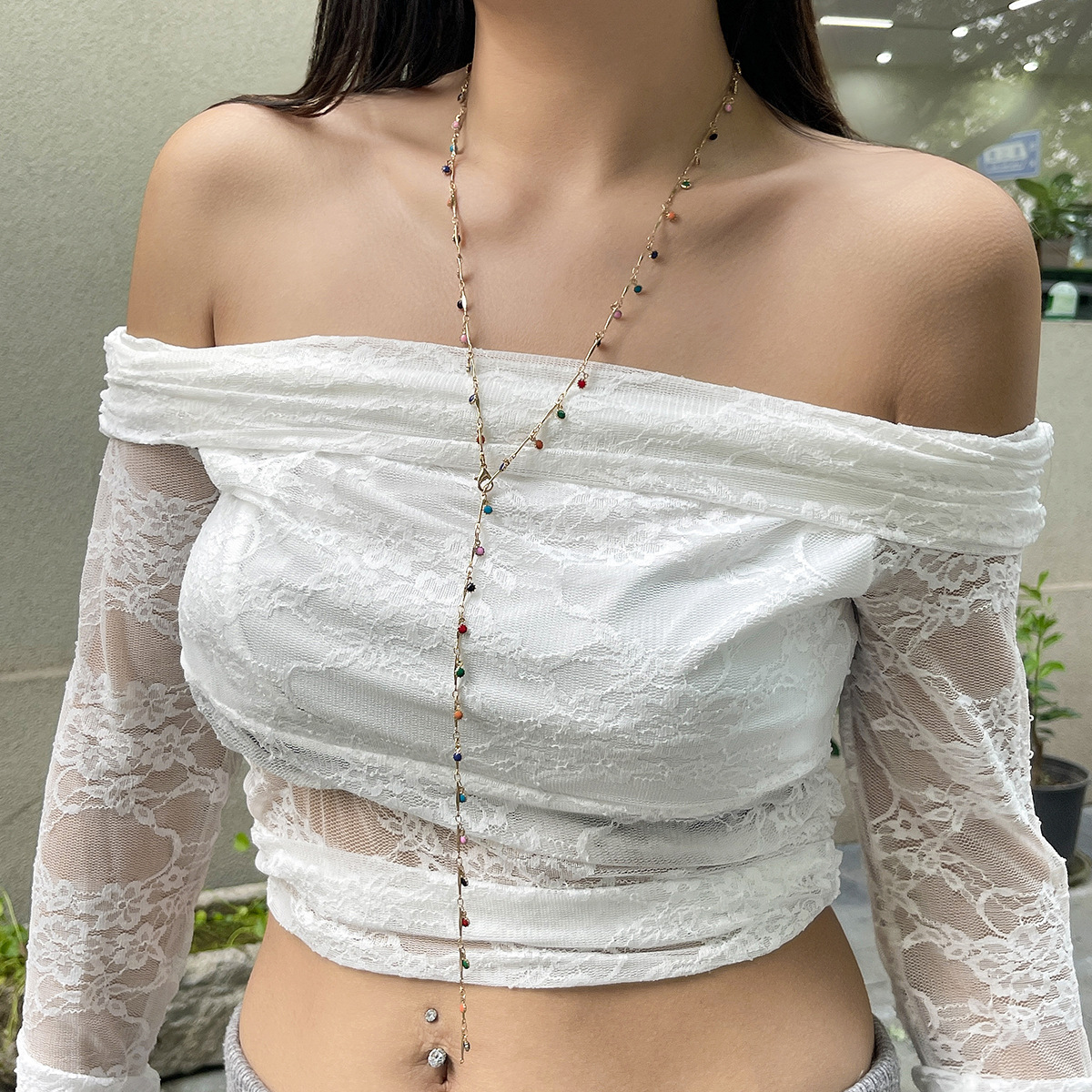 European and American cross-border jewelry, fashionable tassel Y-shaped chain necklace, simple multi-layer oil-dripping beaded collarbone chain for women details Picture