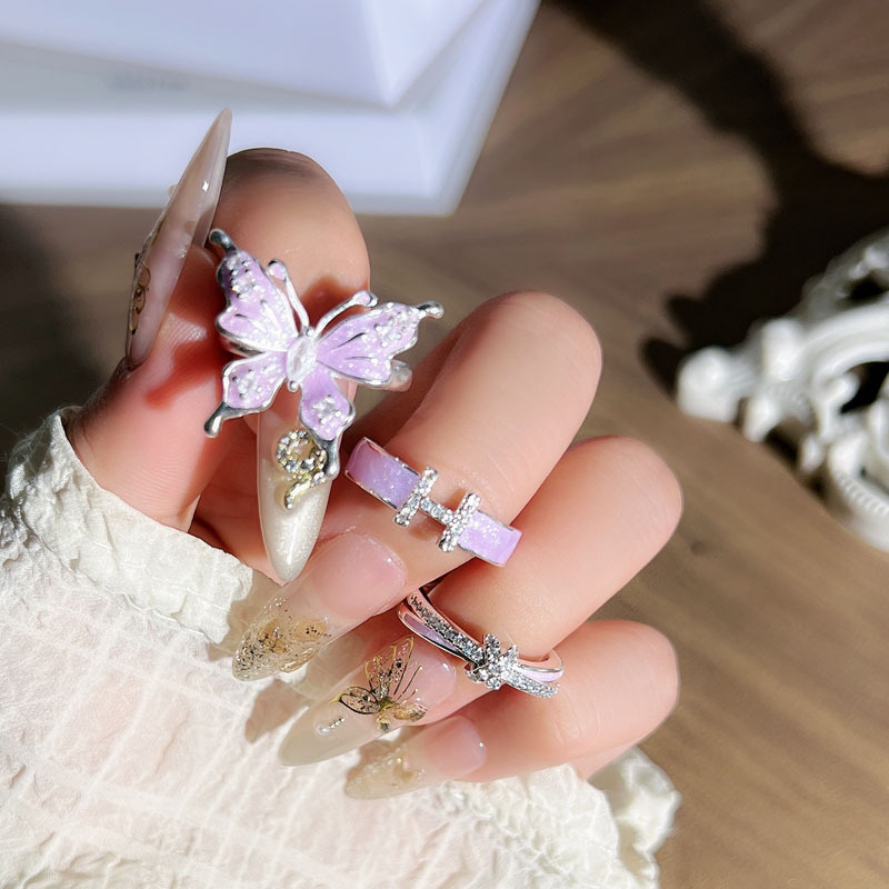 Summer accessory: Silver-plated matte pink purple dynamic butterfly enamel exquisite ring, a sweet and versatile ring for women's personality details Picture