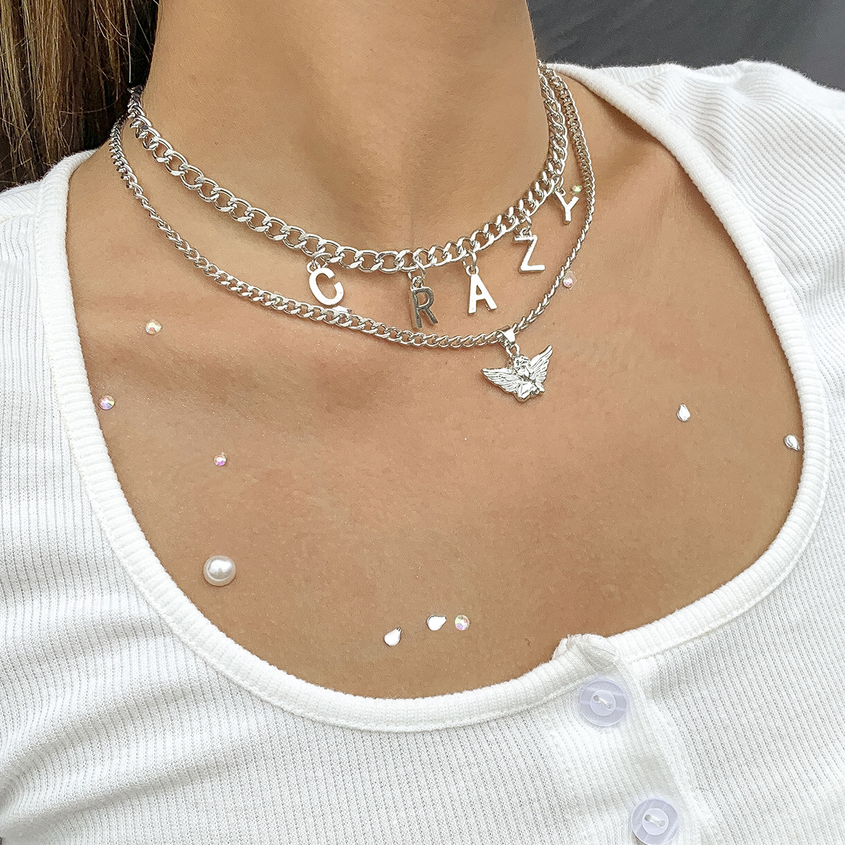 European and American cross-border accessories, retro little angel necklace, women's niche and simple necklace, CRAZY letter tassel collarbone chain Specification drawing