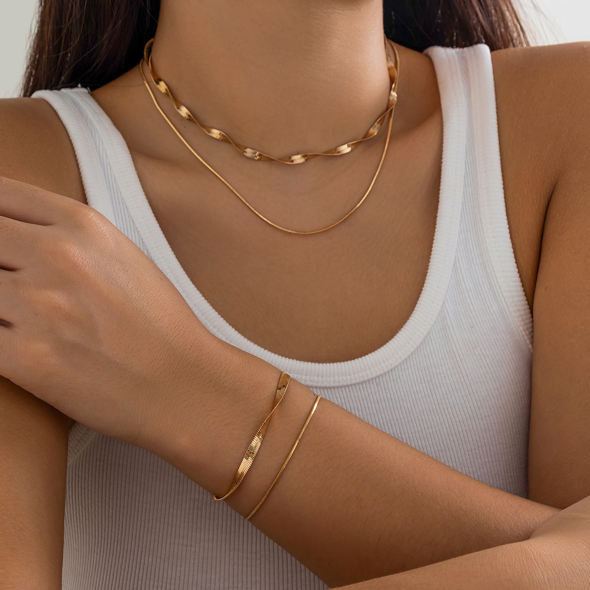 European and American style double snake bone jewelry necklace, women 's versatile thin chain sweater chain hip-hop set necklace jewelry Specification drawing