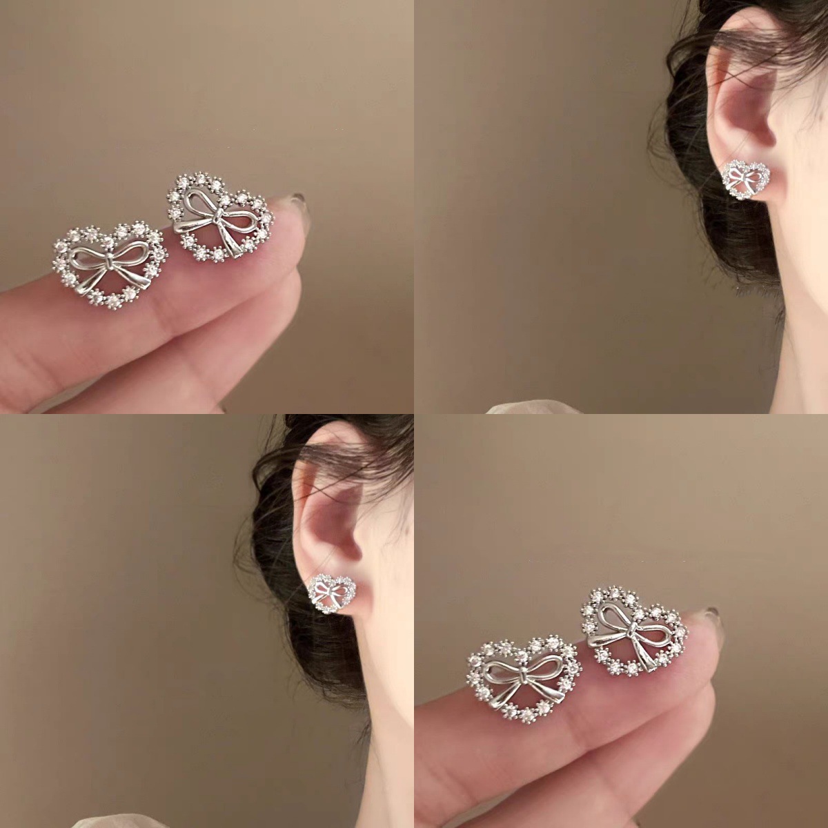 New Korean version sweet and elegant bow stud earrings for women, high-end zircon heart-shaped earrings for commuting, light luxury earrings full figure