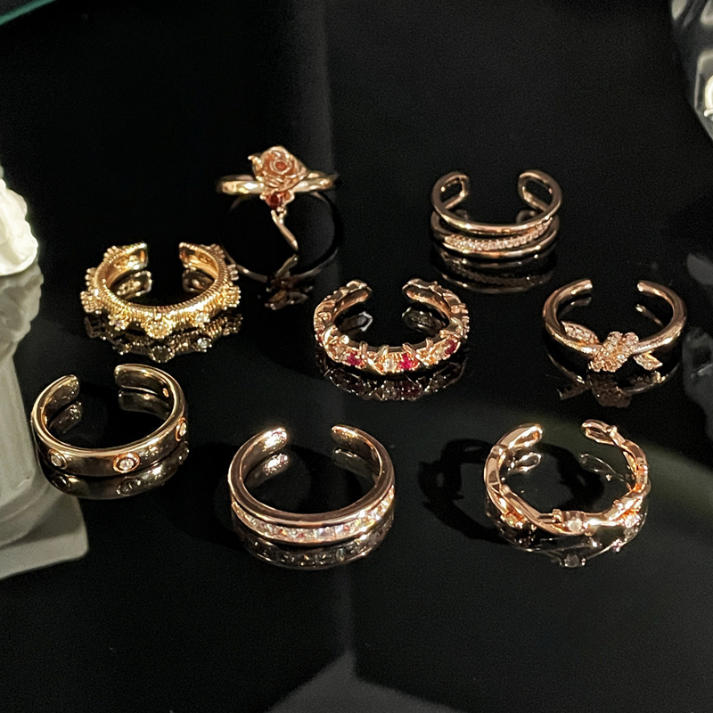 French sweet, cool, light luxury and high-end rose gold open ring, irregular fashionable and niche design index finger ring for women Specification drawing