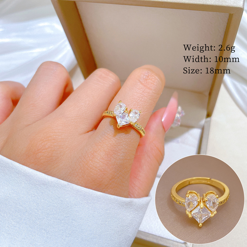【 Real Gold 】 Heart-shaped zircon Full diamond ring with adjustable opening, simple Japanese-style bracelet, couple rings full figure