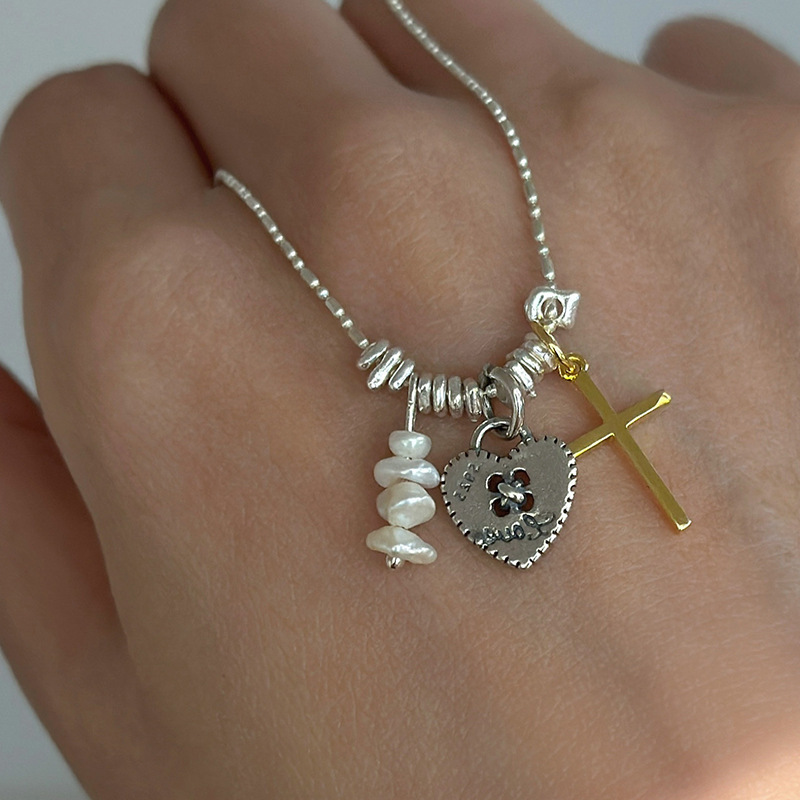 Silver silver metallic pearl heart-shaped cross tassel necklace, simple and versatile for women, elegant and stylish collarbone chain details Picture