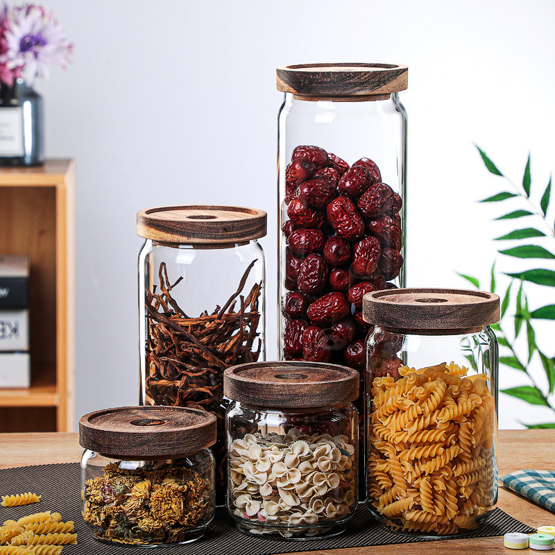 Wholesale of acacia wood glass storage jars, kitchen storage sealed jars, grain storage jars and coffee storage jars full figure