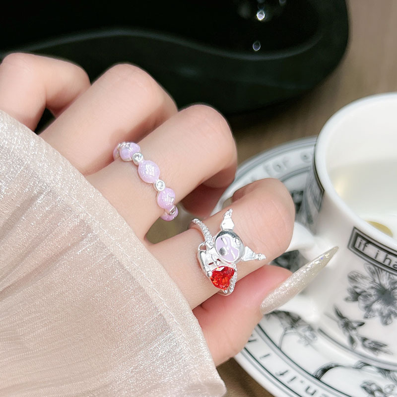 Cute cartoon student silver-plated Kuromi fashion and personality ring, sweet and cool female charm, purple drip glaze niche ring full figure