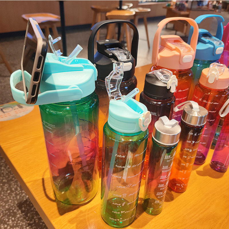 Gradient colorful three-piece set, large capacity straw, PET plastic cup with scale, fitness handle, sports cold water cup Specification drawing