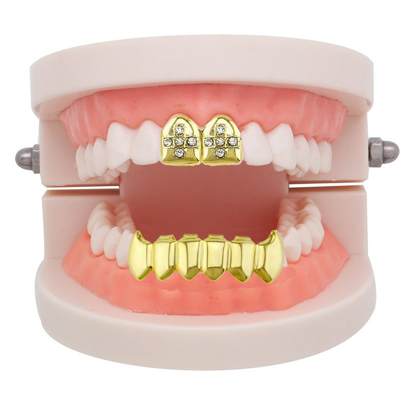 European and American hiphop glossy single cross hip-hop braces, hollowed-out set, smooth tiger teeth braces, party decoration teeth details Picture