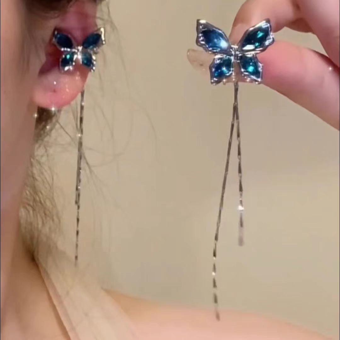 New blue zircon butterfly ear bone clip earrings without ear piercings, a light luxury and high-end, niche ear-clip style for women Specification drawing