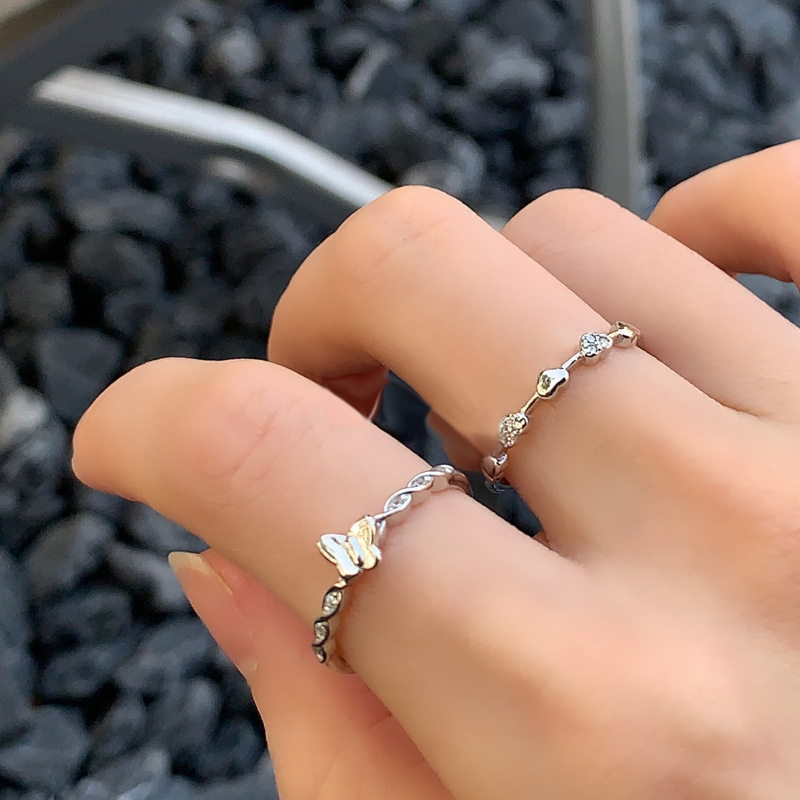 A simple and cold style, slightly inlaid heart-shaped butterfly opening ring, stacked with a delicate, fashionable and high-end niche design ring details Picture