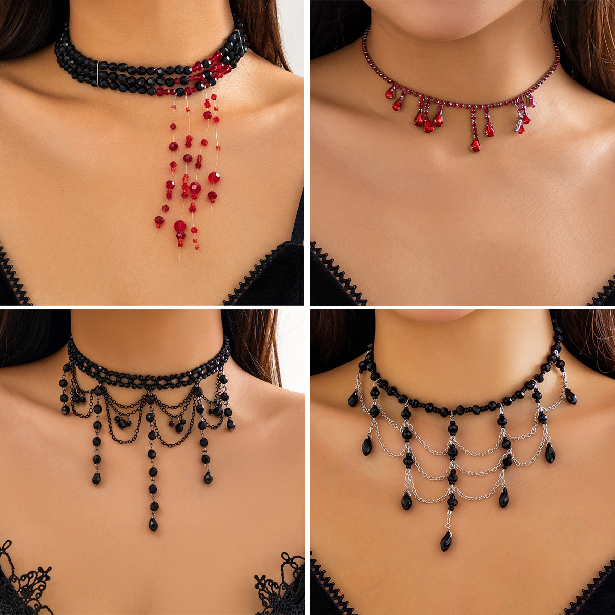 European and American Gothic style beaded necklaces, red blood drop choker necklaces, artificial blood imitation crystal tassels, Halloween decorations full figure