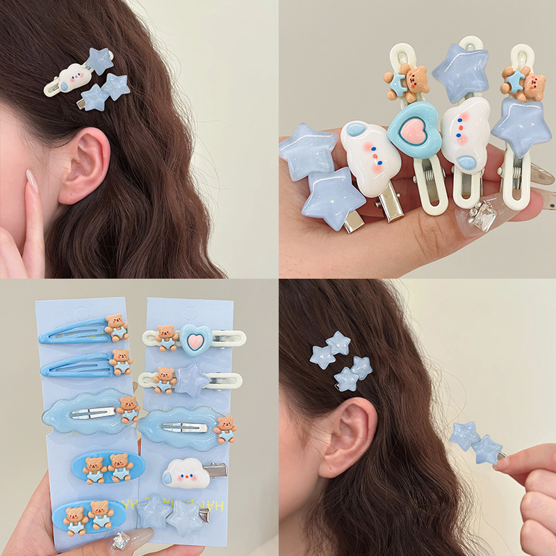Cute and sweet little bear hair clips, blue stars, silent clouds, duckbill clips, children's hair clips, side clips, bangs clips, headwear details Picture