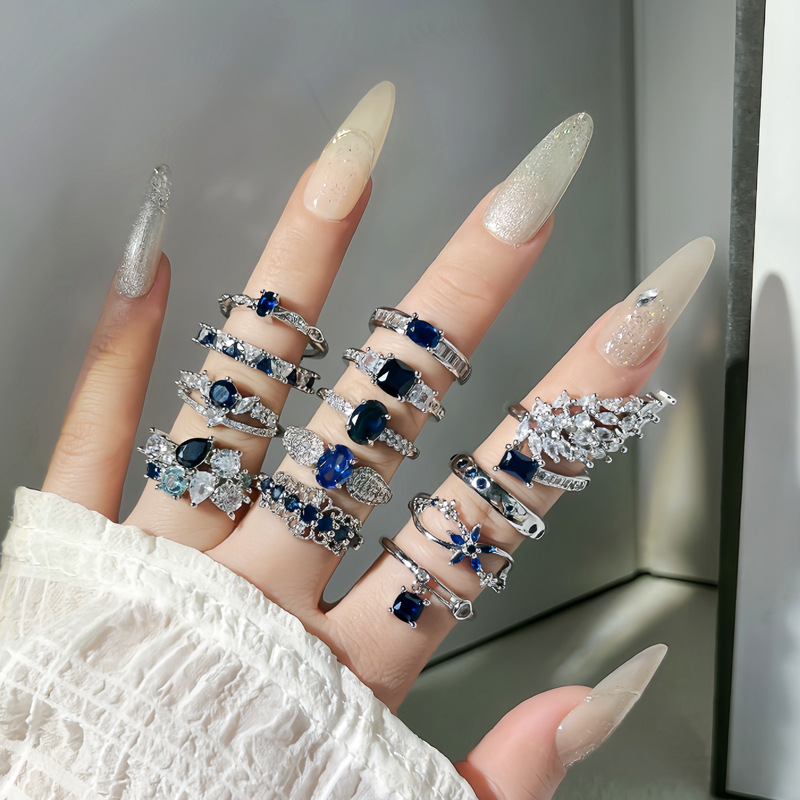 Blue zircon collection, a niche design with a light luxury style and a unique open ring, is a versatile ring for a cold and elegant woman full figure