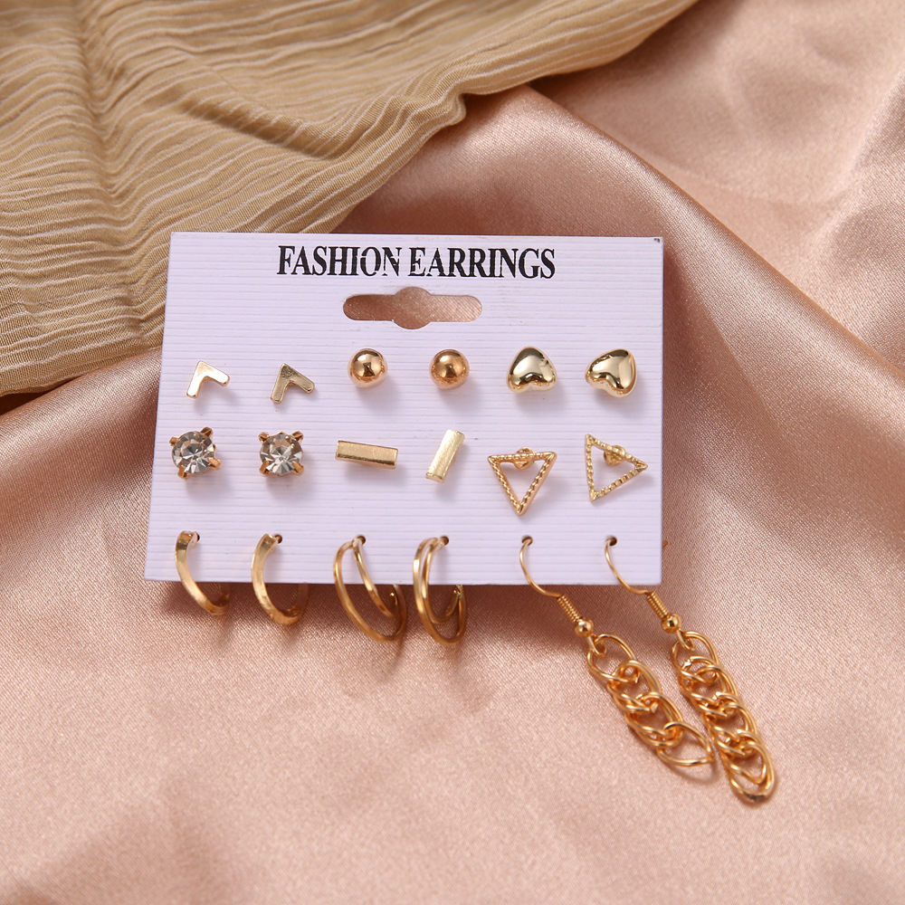 Korean jewelry world: European and American retro pearl rhinestone clasp earrings, geometric tassel pendant earrings set for women Specification drawing