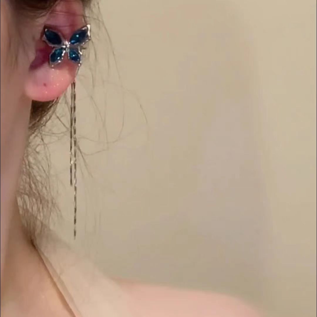 New blue zircon butterfly ear bone clip earrings without ear piercings, a light luxury and high-end, niche ear-clip style for women details Picture