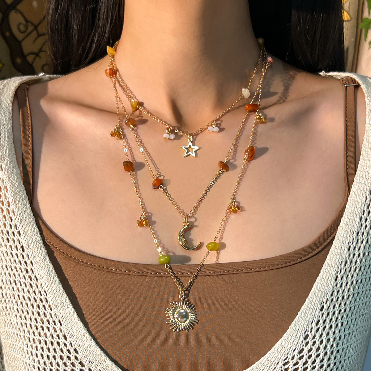 European and American cross-border jewelry, Bohemian niche crushed stone beaded necklace, vintage chain tassel collarbone chain set full figure