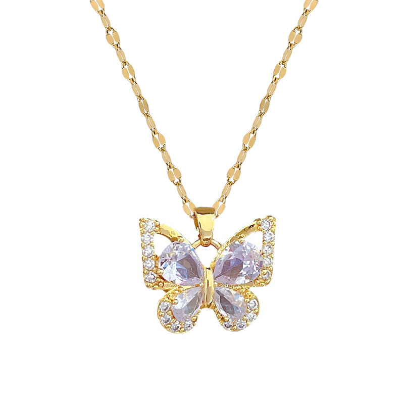 【 Titanium Steel 】 Zircon Butterfly Necklace Earrings Set, light luxury, slightly inlaid, personalized and elegant banquet earrings and necklaces combination Item Picture