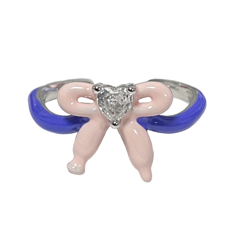 Dopamine colored drip glaze open ring, a unique and niche design with a sweet and cool female style, a star-pink bow ring Item Picture
